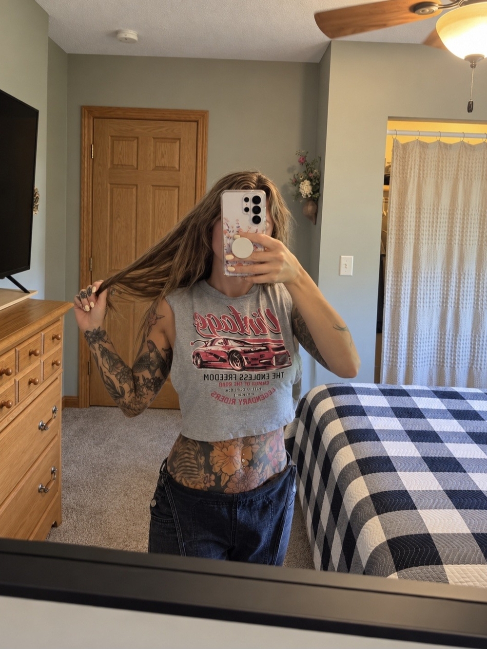 JNCO Gray Crop Muscle Tank with Red Car Graphic